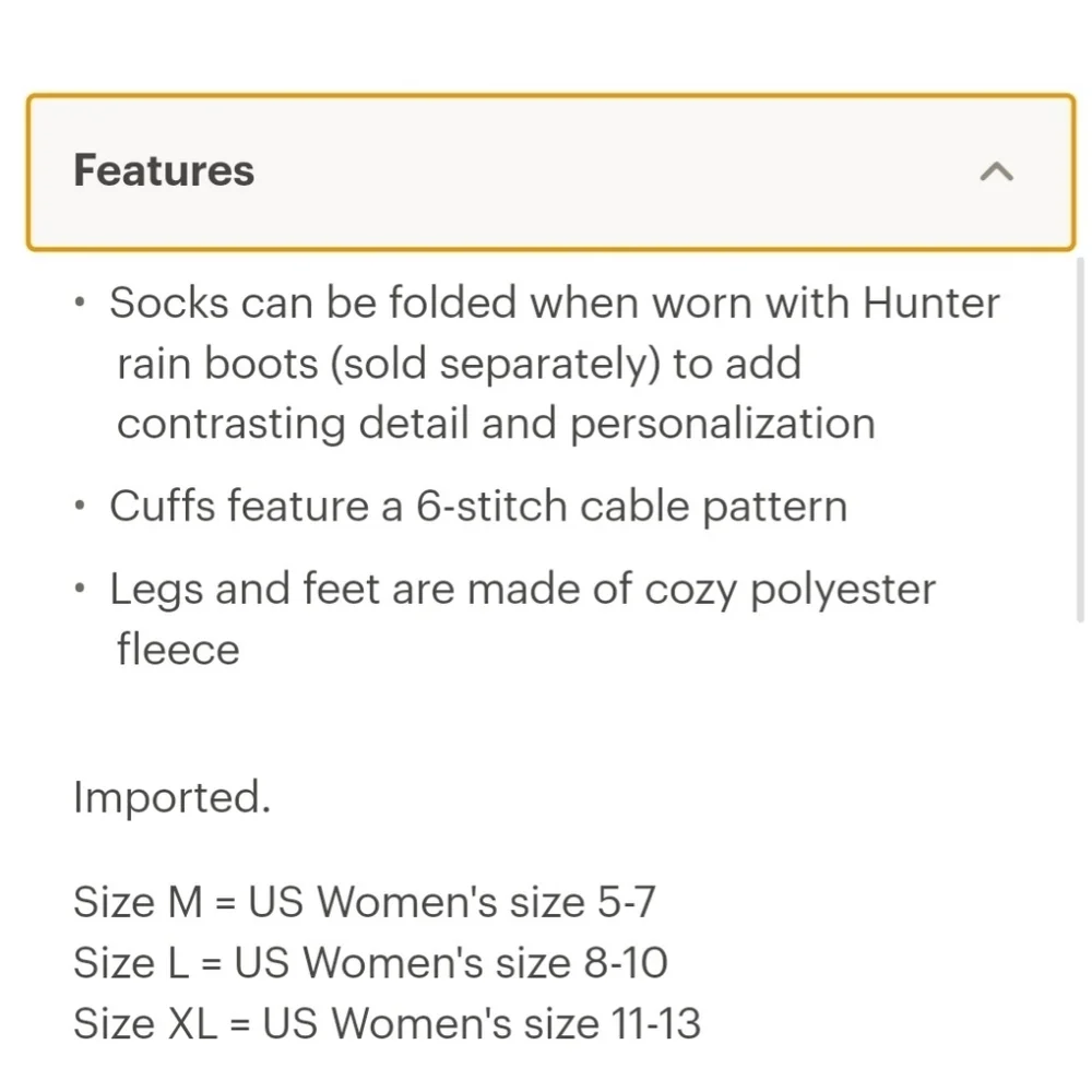 Hunter 6-Stitch Cable Knit Fleece Lined Tall Boot Socks Size Medium (W 5-7)